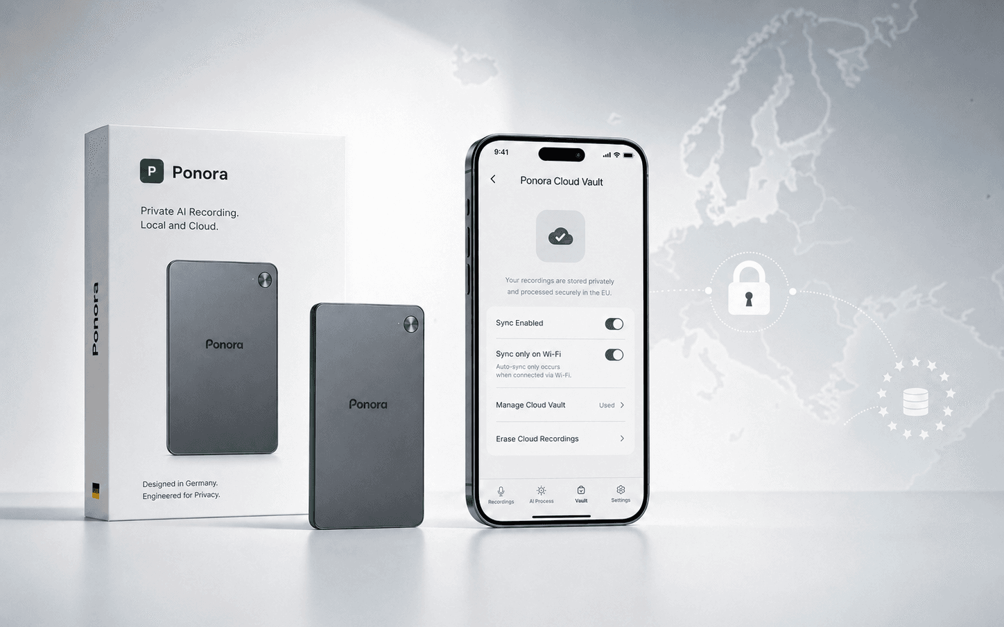 Ponora-produkt, appskærm og europæisk privatlivsvisual