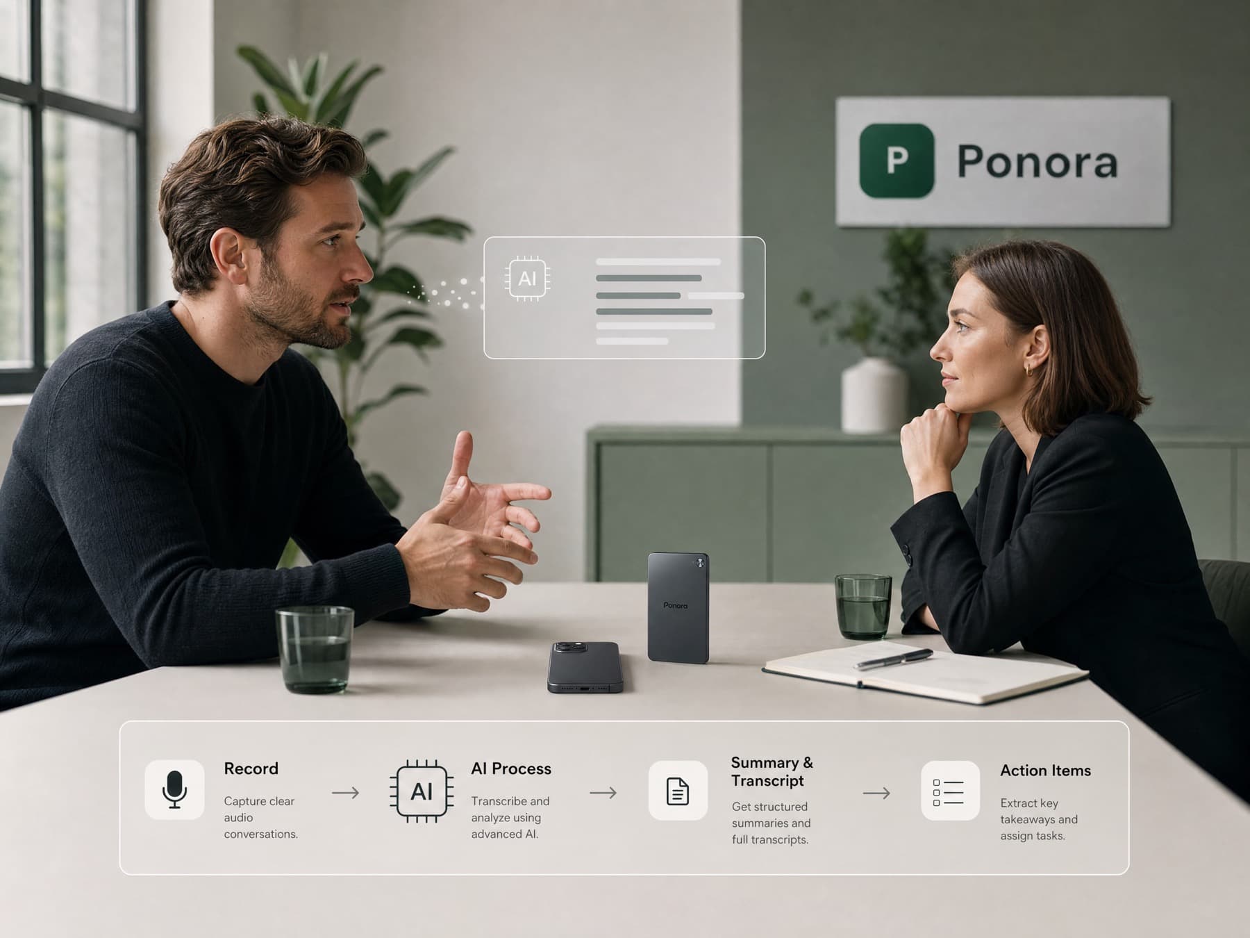 Interviewmiljø med Ponora-optager og AI-noter