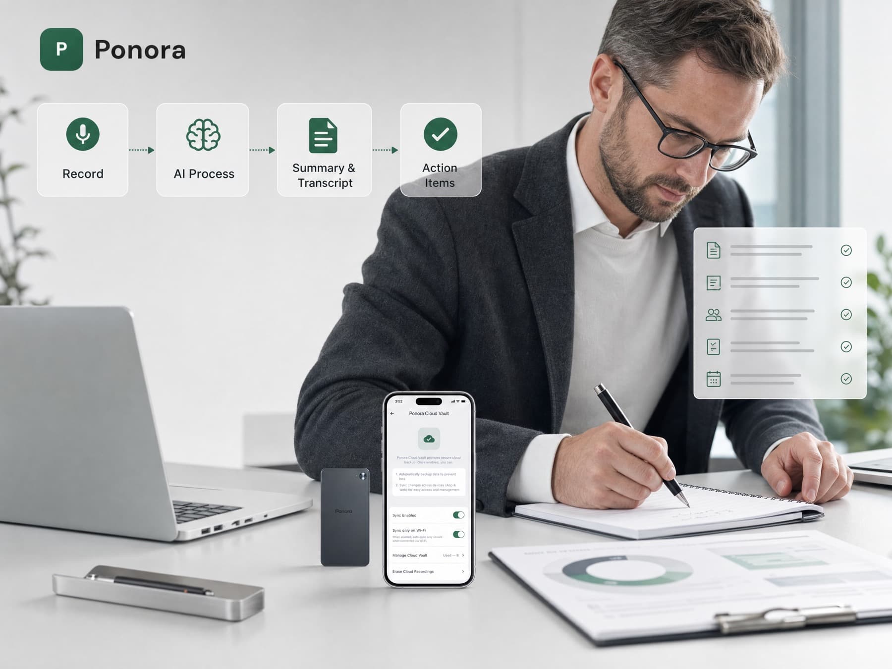 Professionelt noteflow med AI-resumékort