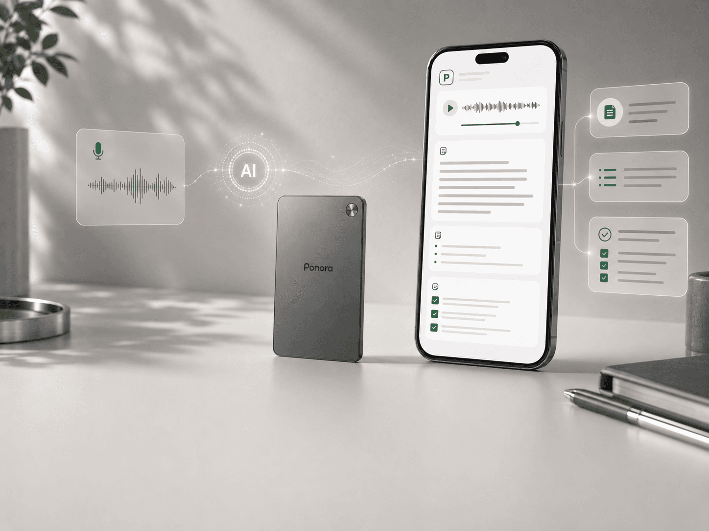 Ponora-app der viser en AI-transskriptionsarbejdsgang